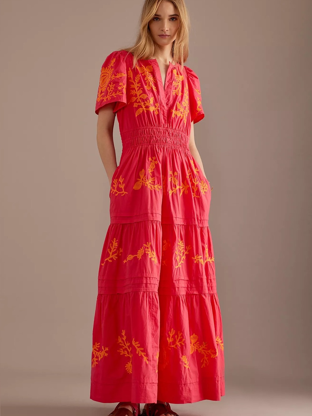 Anthropologie Somerset Maxi Dress Embroidered Smocked Pink Orange Size Medium